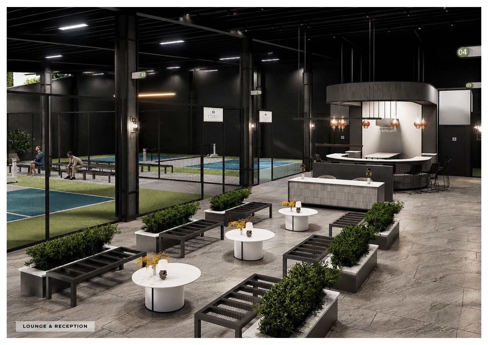 Lounge seating between the courts (architect’s render)