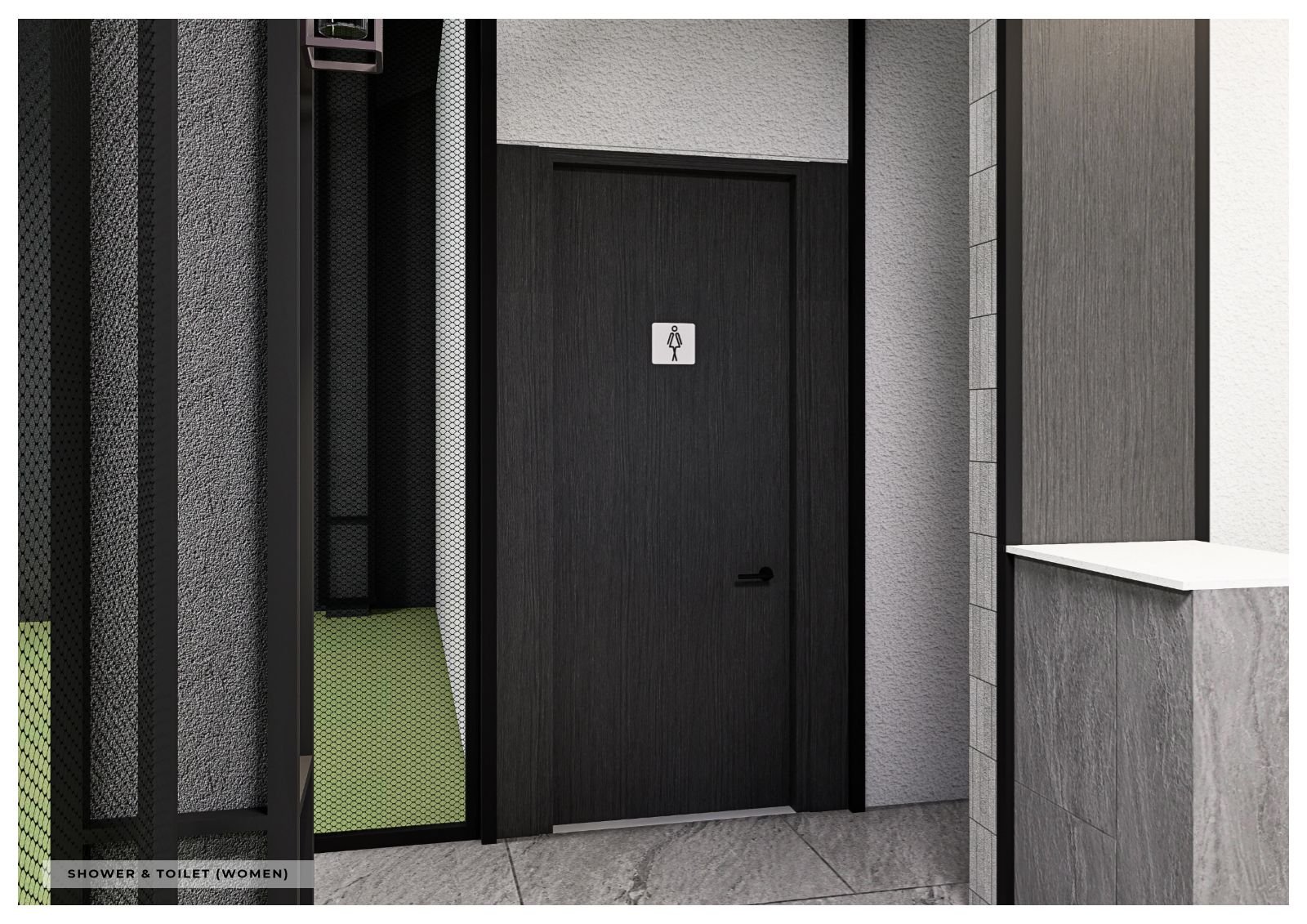 Women’s shower and toilet (architect’s render)