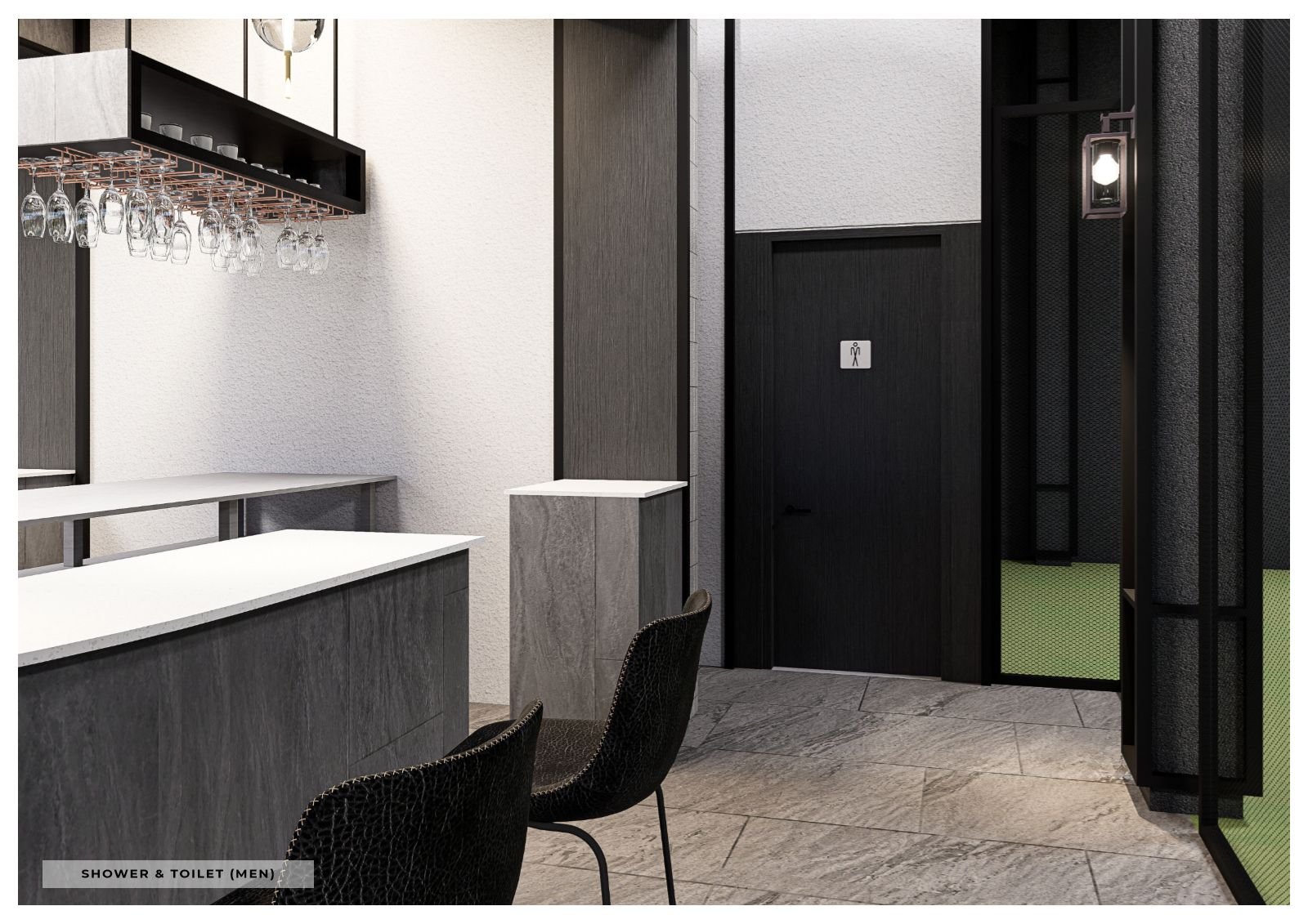 Men’s shower and toilet (architect’s render)