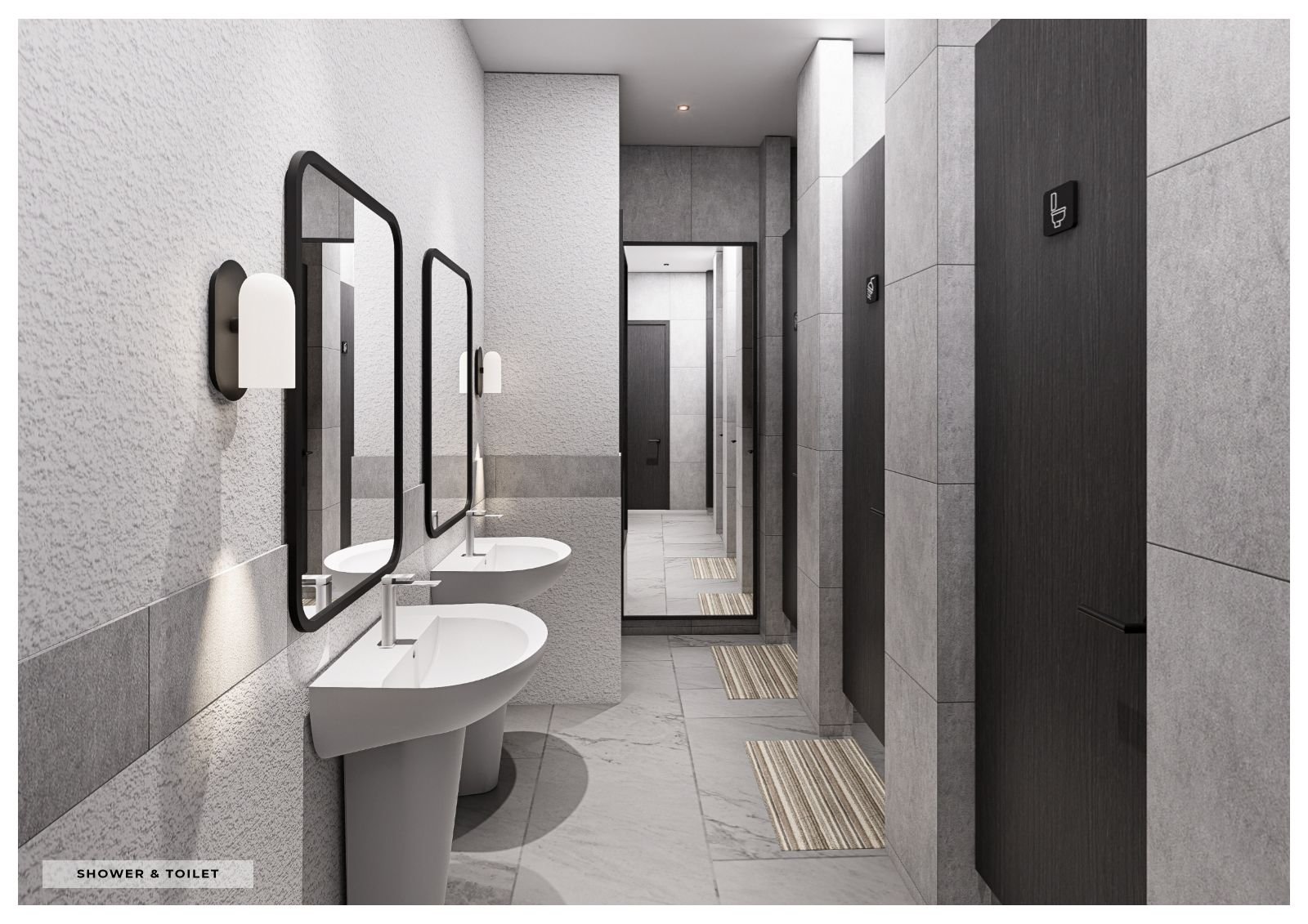 Washbasins and shower corridor (architect’s render)